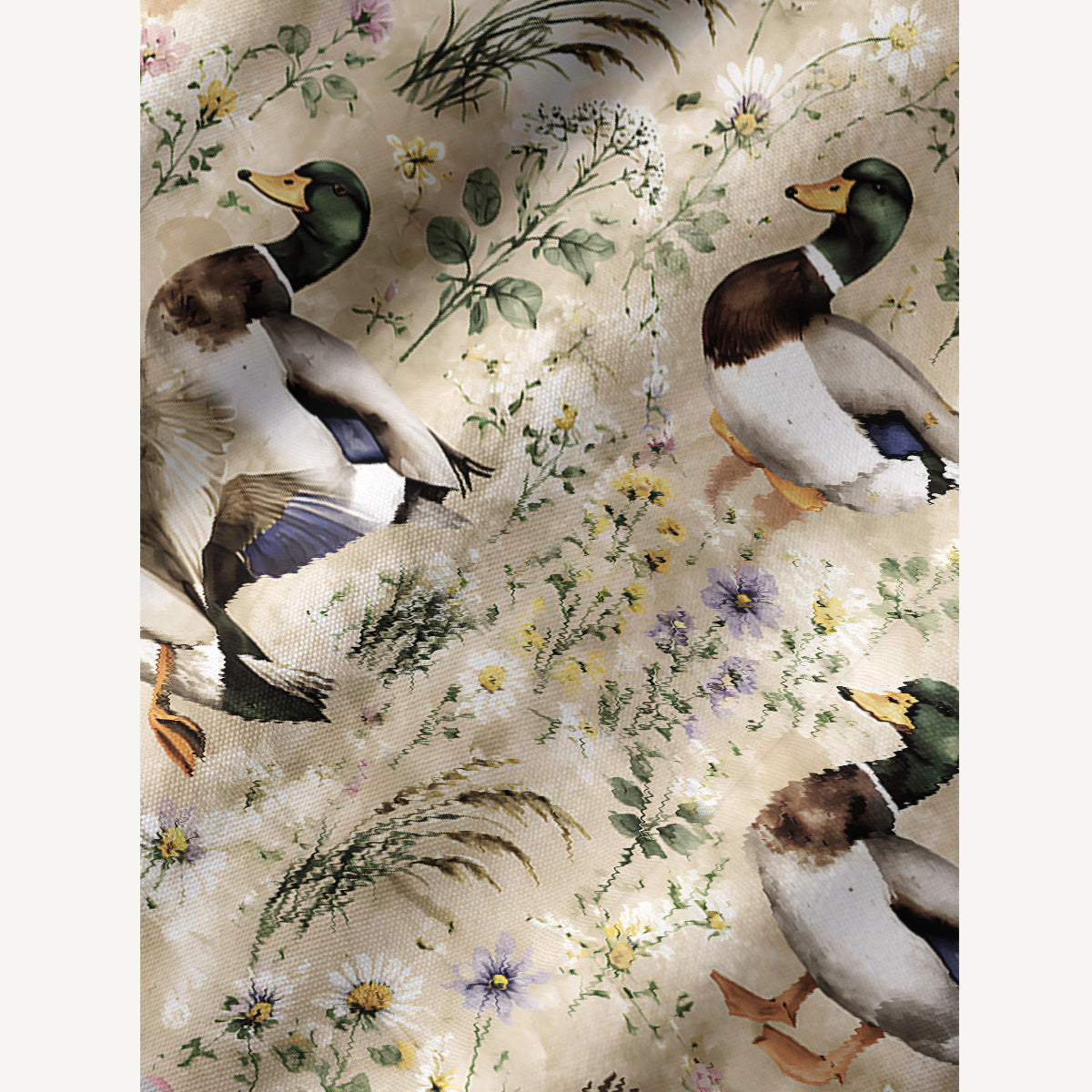 Watercolor Mallard Ducks Print Boho Long Sleeve Tie‑Neck Smock Mini Dress