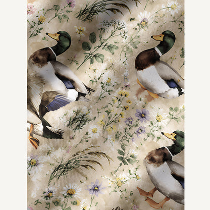 Watercolor Mallard Ducks Print Boho Long Sleeve Tie‑Neck Smock Mini Dress