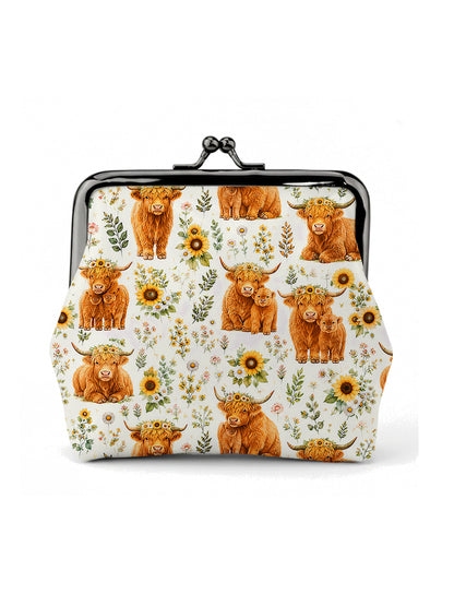 Spring Highland Cow Floral Print Leather Mini Clasp Purse