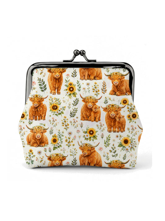 Spring Highland Cow Floral Print Leather Mini Clasp Purse