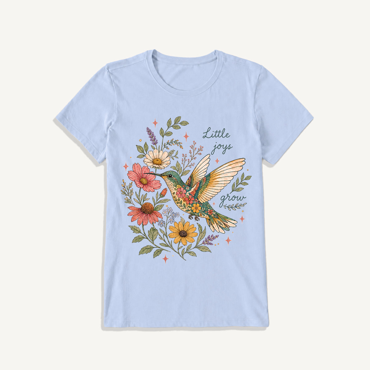 Floral Hummingbird Garden Print Crew Neck Cotton Tee