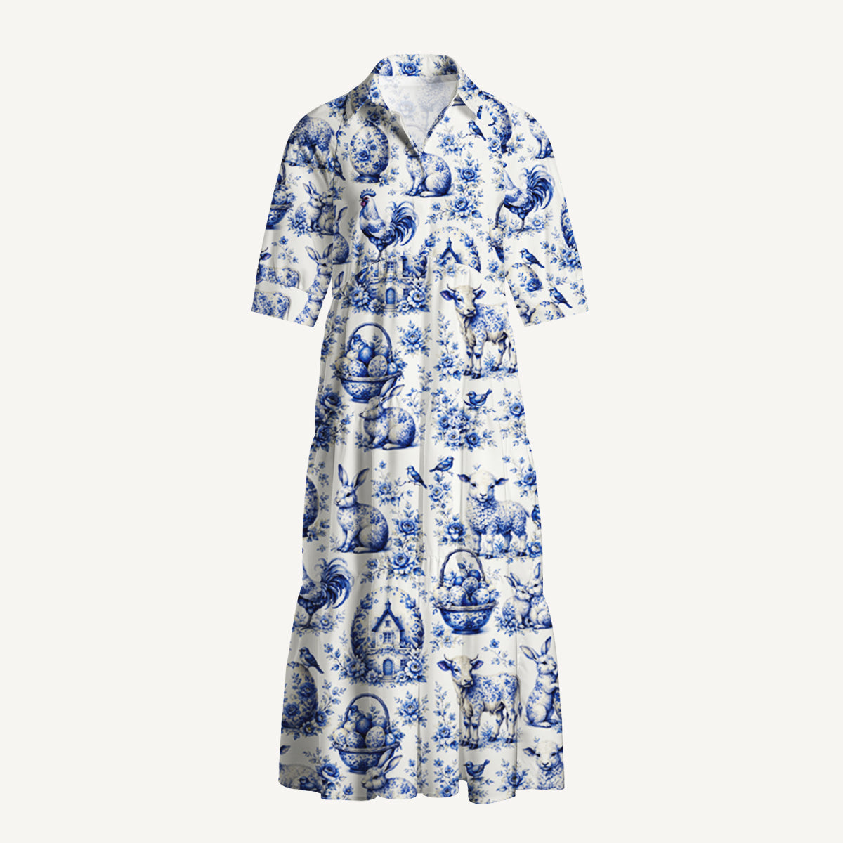 V Neck Collared Delft Farm Print Casual Midi Dress With Pockets