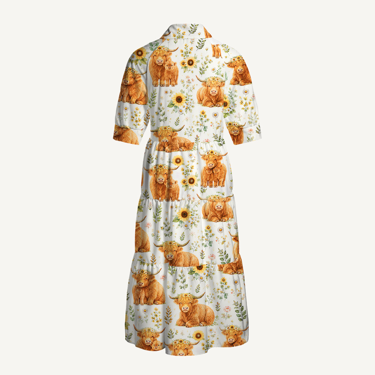 Spring Highland Cow Print Casual Midi Dress With Pockets