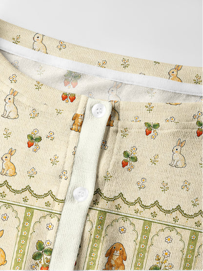 Lightweight Crew Neck Long‑Sleeve Cropped Bunnyberry Garden Print Fine‑Knit Cardigan