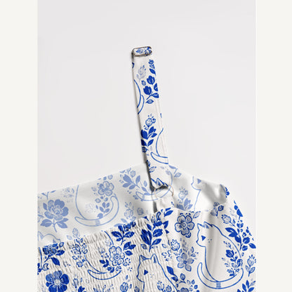Delft Blue Moonlit Garden Cats Print Wide Straps Maxi Dress With Pockets