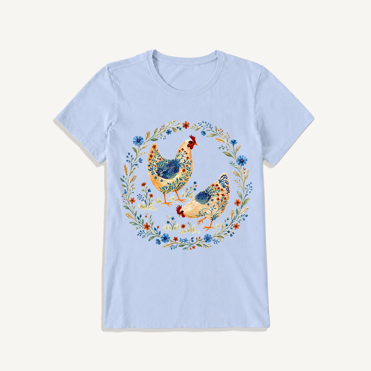 Blue Floral Hens Garden Print Crew Neck Cotton Tee