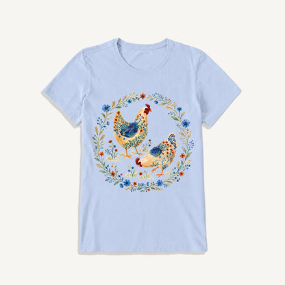 Blue Floral Hens Garden Print Crew Neck Cotton Tee
