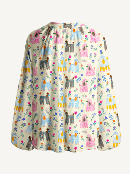 Whimsical Garden Poodles Pattern Print Boho Long Sleeve Tie‑Neck Blouse