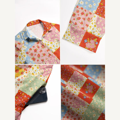 V Neck Collared Vintage Flower Print Quilt Print Casual Midi Dress With Pockets
