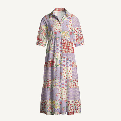 V Neck Collared Country Patchwork Floral Print Quilt Print Casual Midi Dress With Pockets