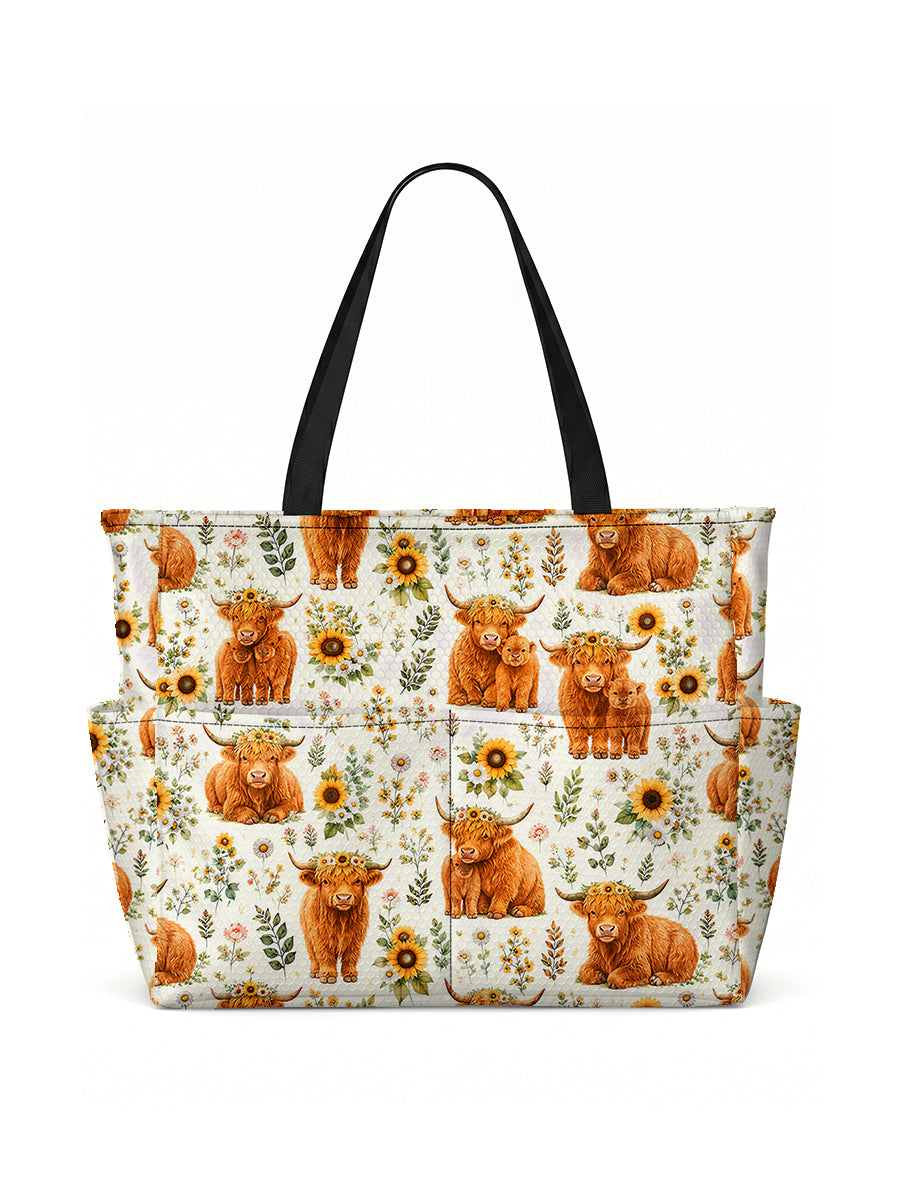 Spring Highland Cow Floral Print Tote Bag