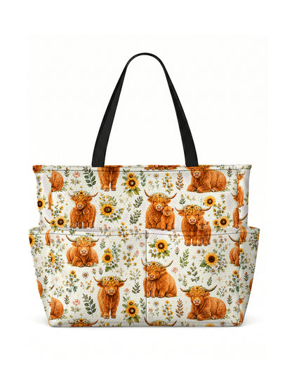 Spring Highland Cow Floral Print Tote Bag