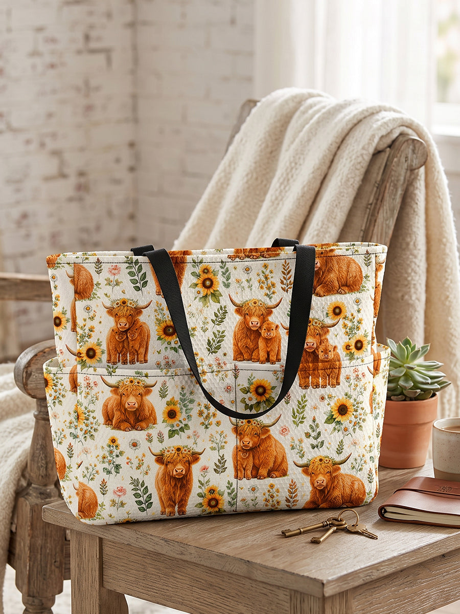 Spring Highland Cow Floral Print Tote Bag