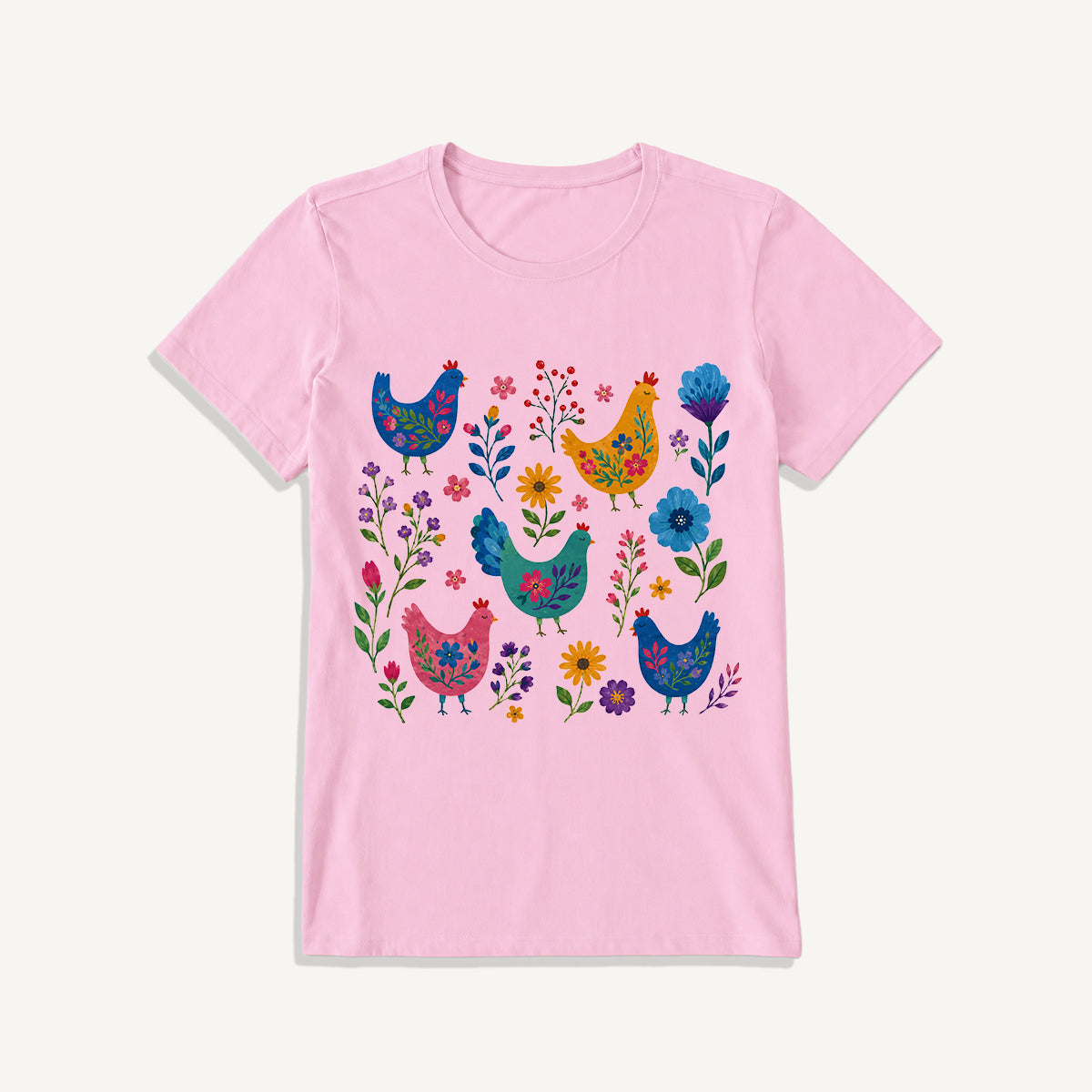 Colorful Folk Hens Print Crew Neck Cotton Tee