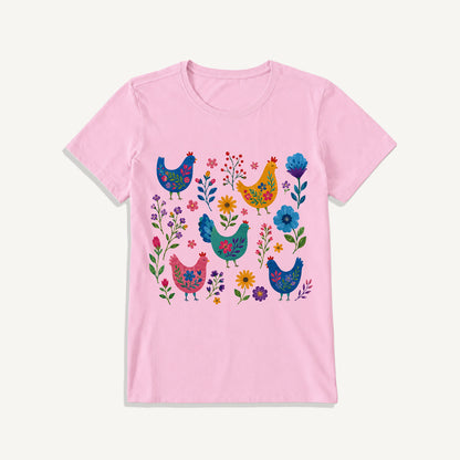 Colorful Folk Hens Print Crew Neck Cotton Tee