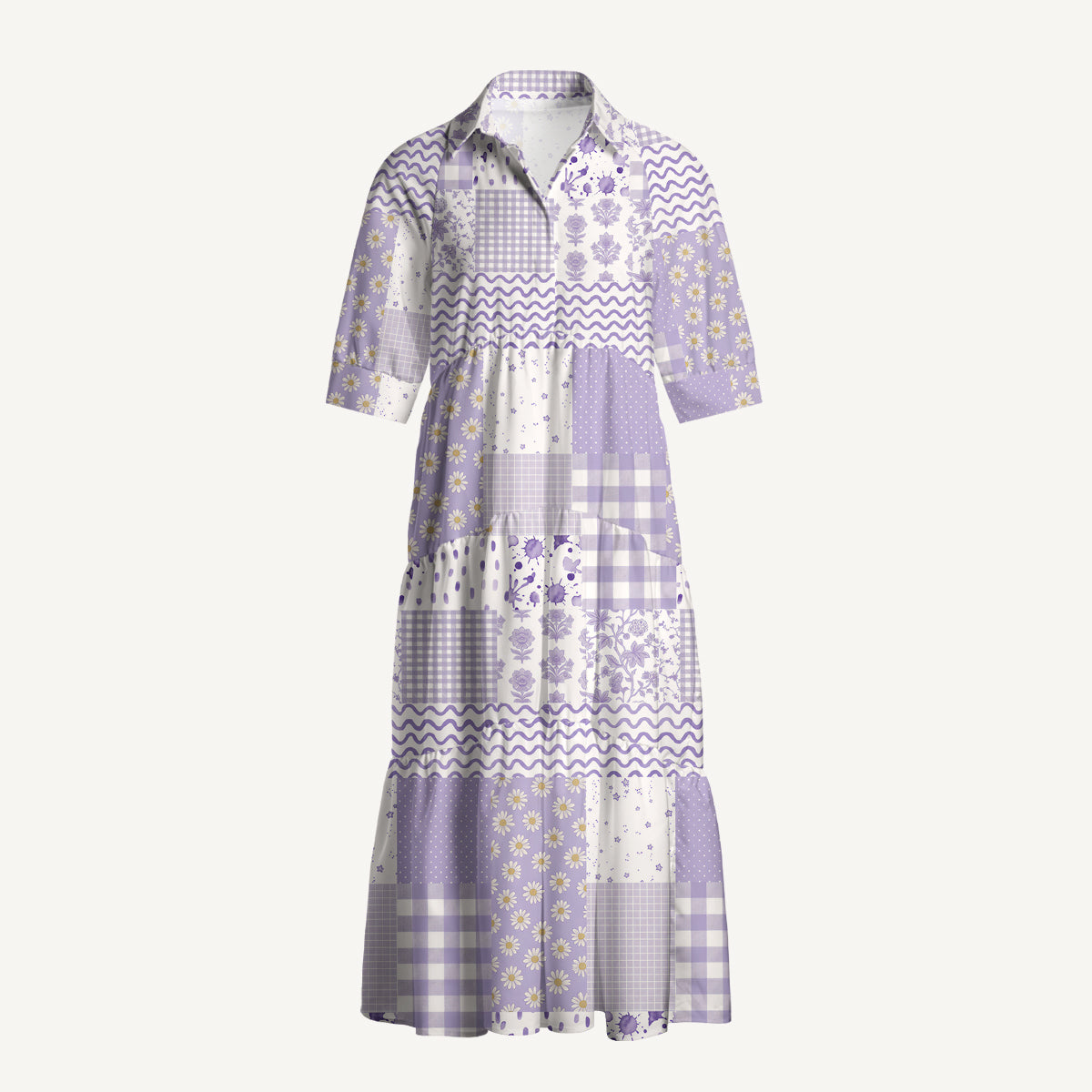 V Neck Collared Lavender Field Patchwork Print Quilt Print Casual Midi Dress With Pockets