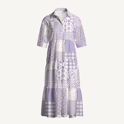 V Neck Collared Lavender Field Patchwork Print Quilt Print Casual Midi Dress With Pockets