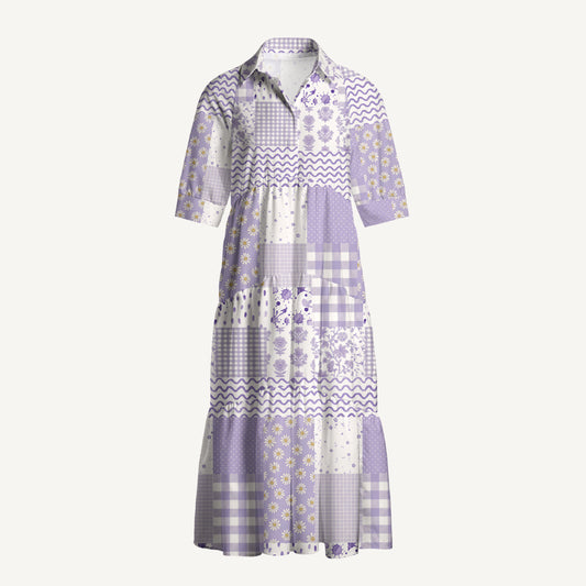 V Neck Collared Lavender Field Patchwork Print Quilt Print Casual Midi Dress With Pockets