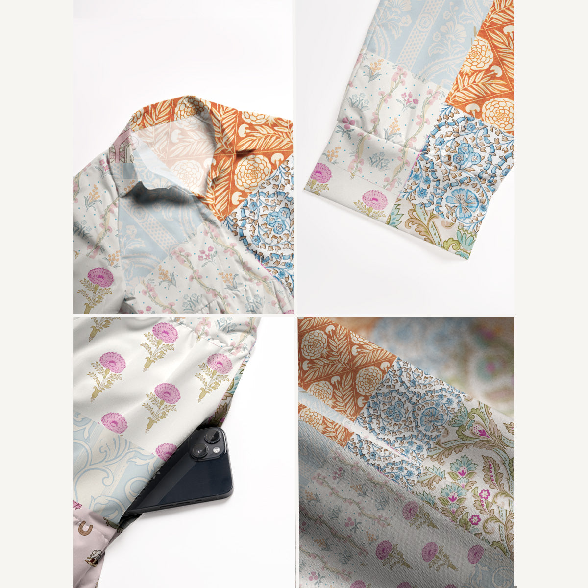 V Neck Collared Timeless Floral Patchwork Print Quilt Print Casual Midi Dress With Pockets