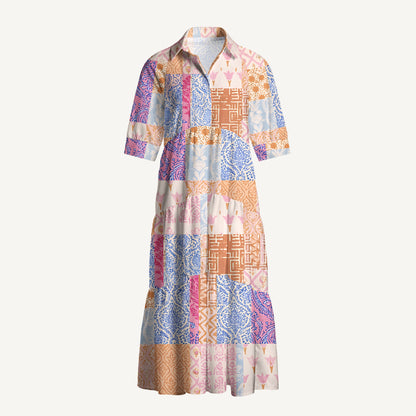 V Neck Collared Retro Bohemian Quilt Print Quilt Print Casual Midi Dress With Pockets