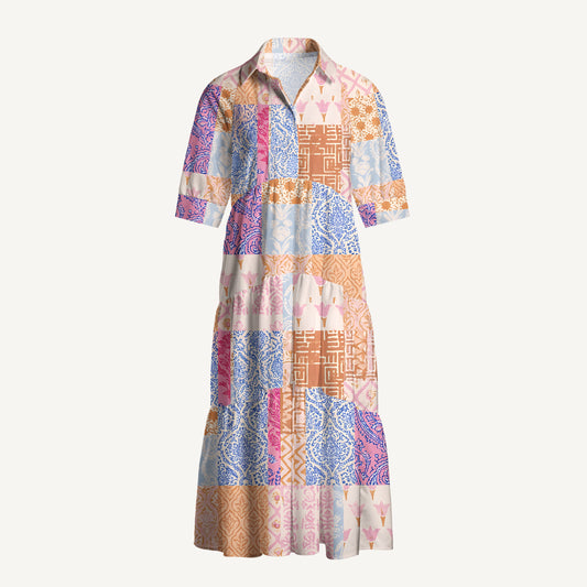 V Neck Collared Retro Bohemian Quilt Print Quilt Print Casual Midi Dress With Pockets