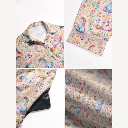 V Neck Collared Unicorn Bloom Fantasy Print Quilt Print Casual Midi Dress With Pockets