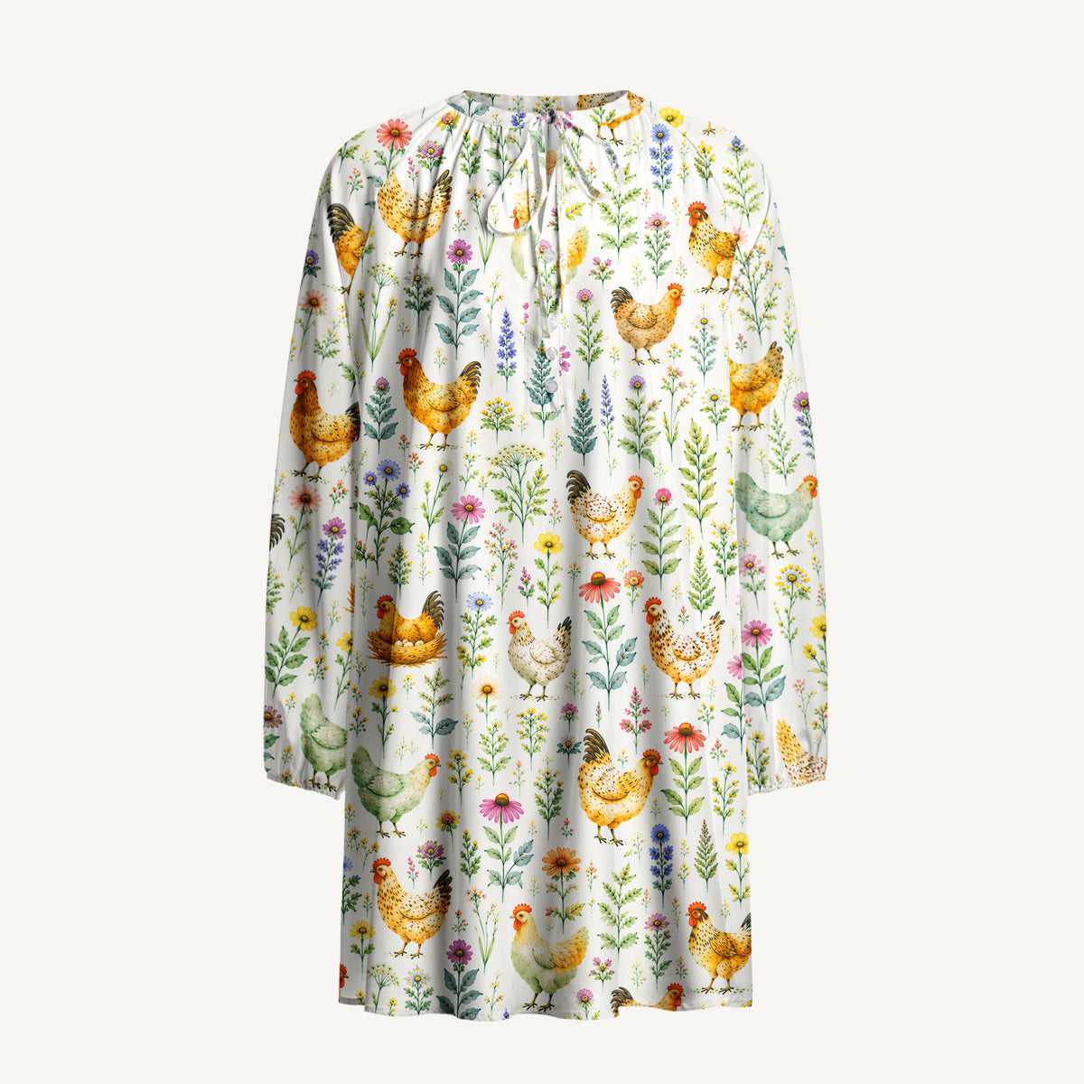 Watercolor Chickens Leaves Print Boho Long Sleeve Tie‑Neck Smock Mini Dress