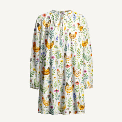 Watercolor Chickens Leaves Print Boho Long Sleeve Tie‑Neck Smock Mini Dress