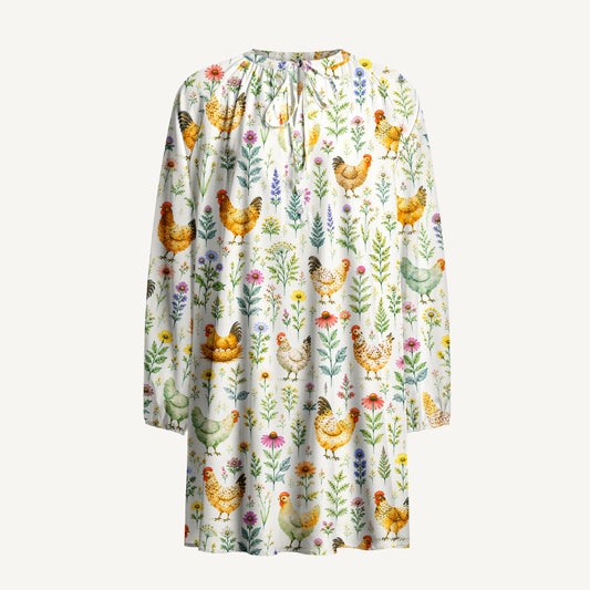 Watercolor Chickens Leaves Print Boho Long Sleeve Tie‑Neck Smock Mini Dress