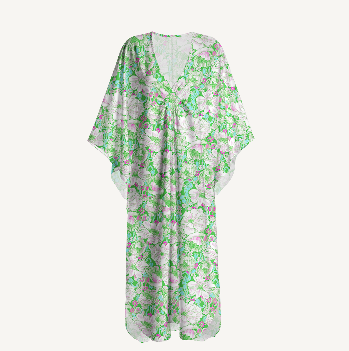 V‑Neck Mint Garden Kimono Sleeve Kaftan Dress