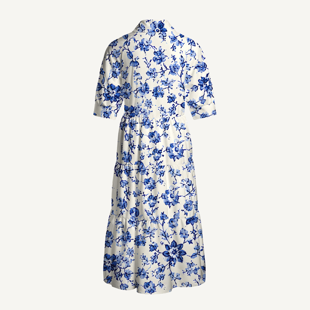 V Neck Collared Delft Blue Vintage Floral Print Casual Midi Dress With Pockets