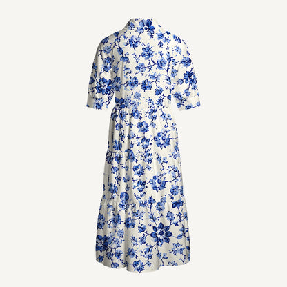 V Neck Collared Delft Blue Vintage Floral Print Casual Midi Dress With Pockets