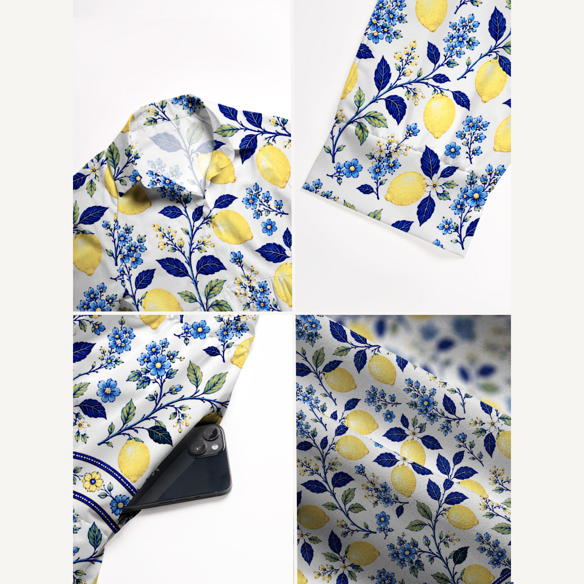 V Neck Collared Blue Lemon Floral Print Casual Midi Dress With Pockets