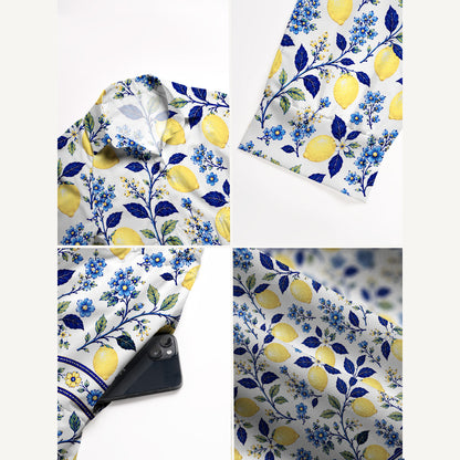 V Neck Collared Blue Lemon Floral Print Casual Midi Dress With Pockets