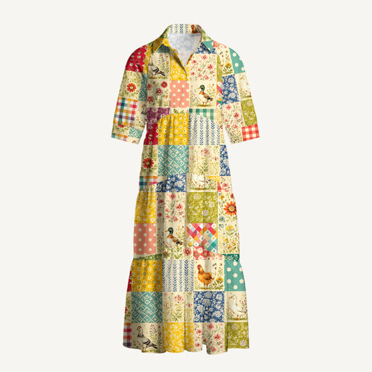 V Neck Collared Country Patchwork Garden Print Casual Midi Dress With Pockets