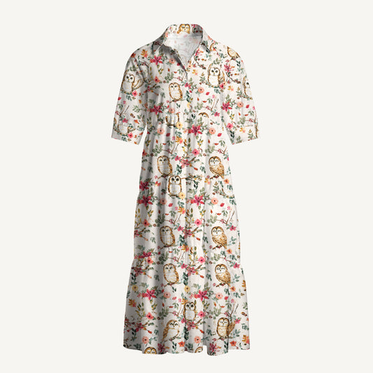 V Neck Collared Forest Owls Casual Midi Dress With Pockets