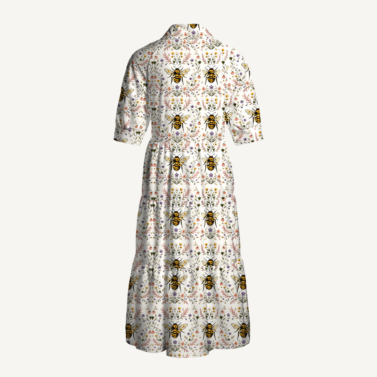 V Neck Collared Bee Floral Print Casual Midi Dress With Pockets