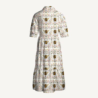 V Neck Collared Bee Floral Print Casual Midi Dress With Pockets