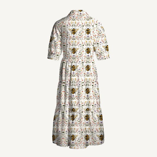 V Neck Collared Bee Floral Print Casual Midi Dress With Pockets