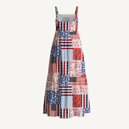 Patriotic Patchwork Print Cotton Wide Straps Maxi Dress With Pockets