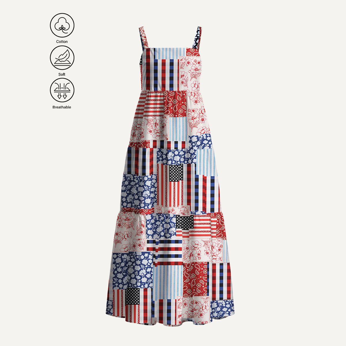 Patriotic Patchwork Print Cotton Wide Straps Maxi Dress With Pockets