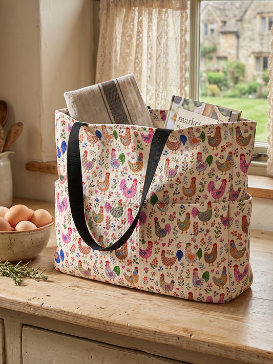Colorful Farm Chickens Print Tote Bag