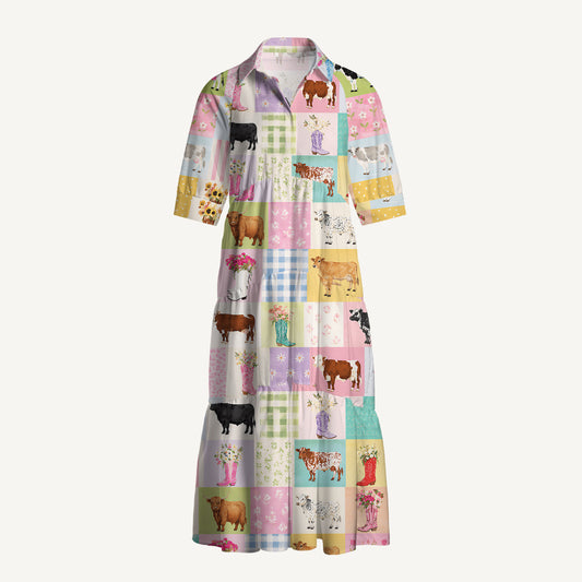 V Neck Collared Pastel Patchwork Farmyard Print Casual Midi Dress With Pockets