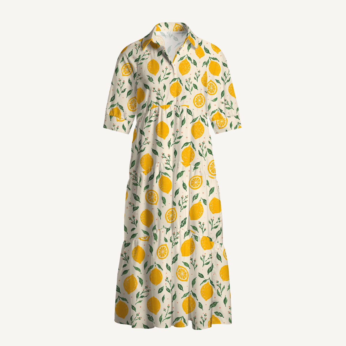 V Neck Collared Vintage Lemon Orchard Print Casual Midi Dress With Pockets