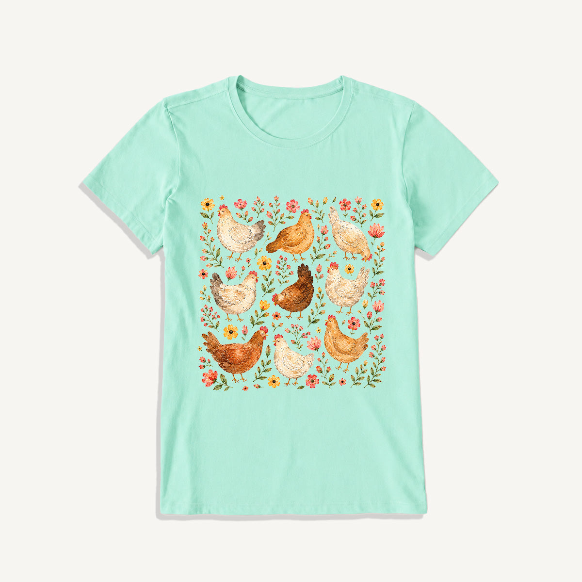 Country Chicken Wildflower Garden Print Crew Neck Cotton Tee