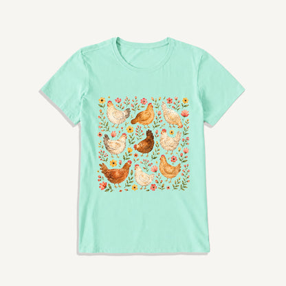 Country Chicken Wildflower Garden Print Crew Neck Cotton Tee
