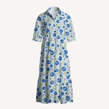 V Neck Collared Blueberry Blossom Pattern Print Casual Midi Dress With Pockets