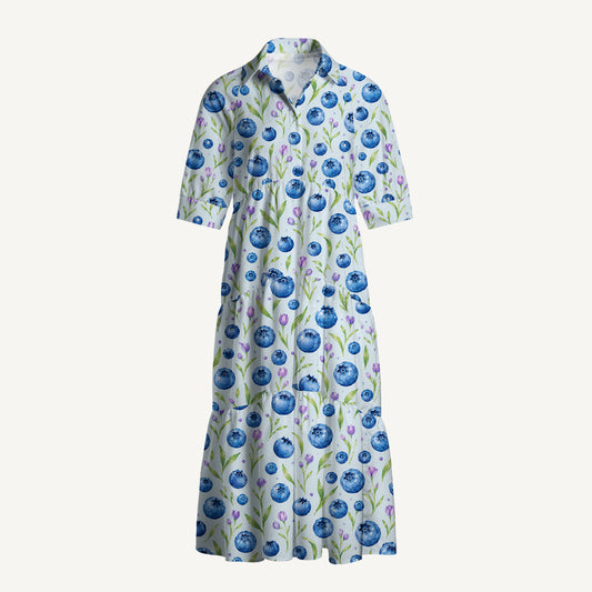 V Neck Collared Blueberry Blossom Pattern Print Casual Midi Dress With Pockets