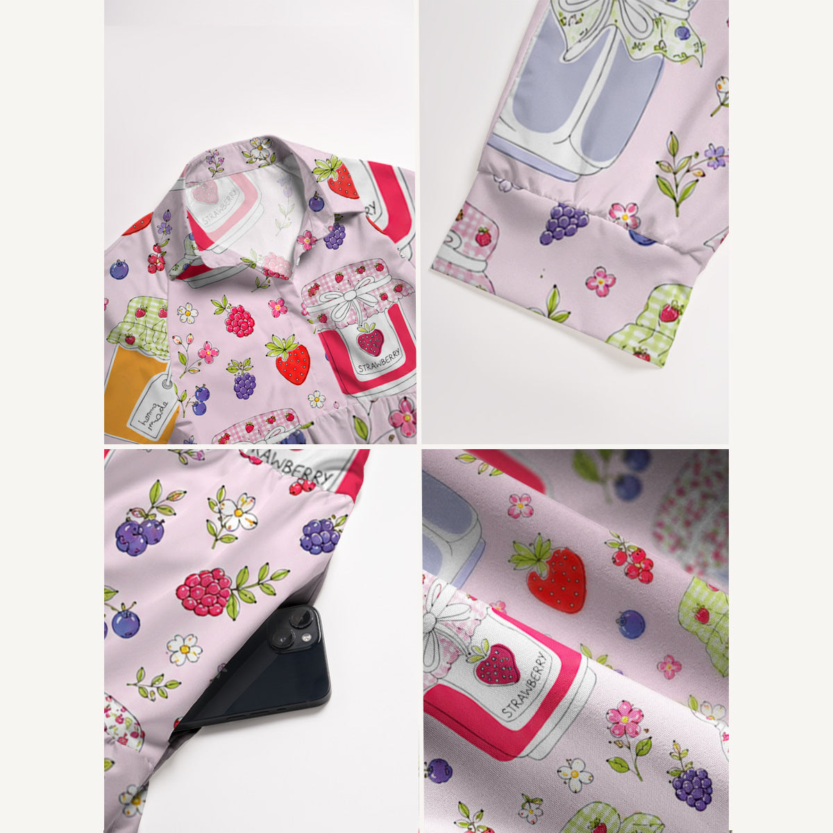 V Neck Collared Strawberry Jam Print Casual Midi Dress With Pockets