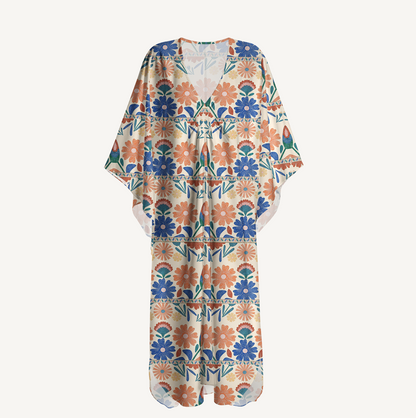 V‑Neck Bohemian Folk Floral Stripe Kimono Sleeve Kaftan Dress
